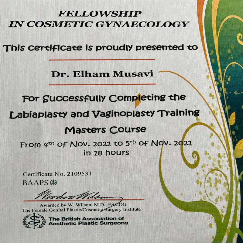 مدرک فلوشیپ جراحی زیبایی زنان از انگلستان دکتر الهام موسوی
